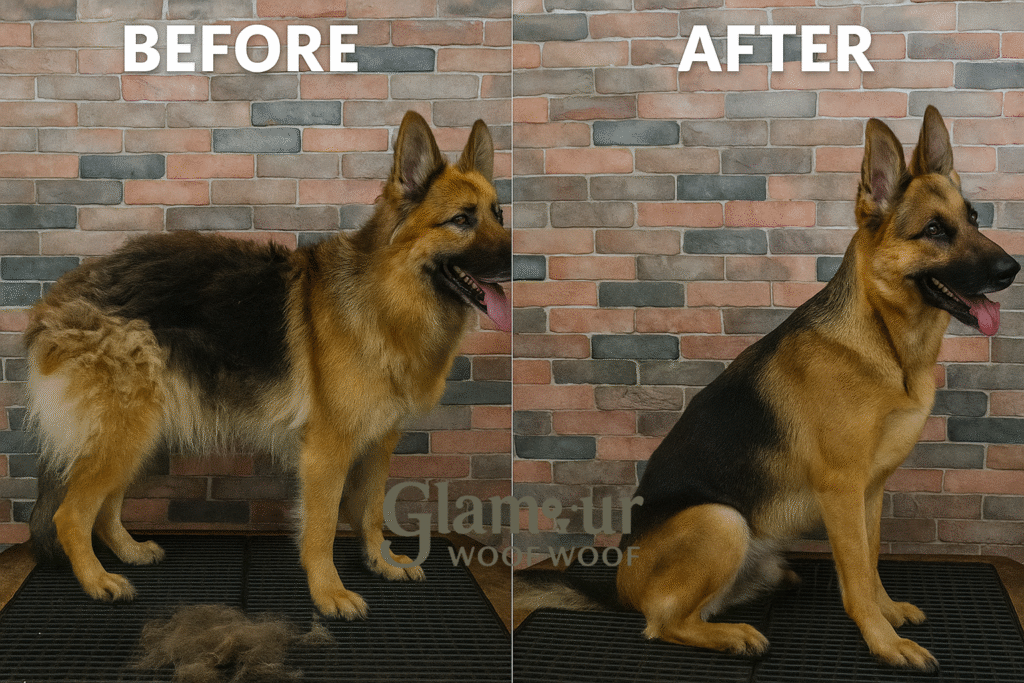 Antes después de deslanado Pastor Alenan - Glamour Woof Woof Antes después de deslanado Pastor Alenan - Glamour Woof Woof